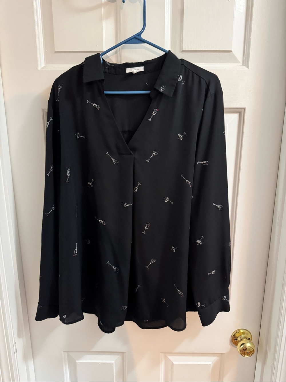 Maurices Black V-Neck Collared Blouse with Champagne Glass Print